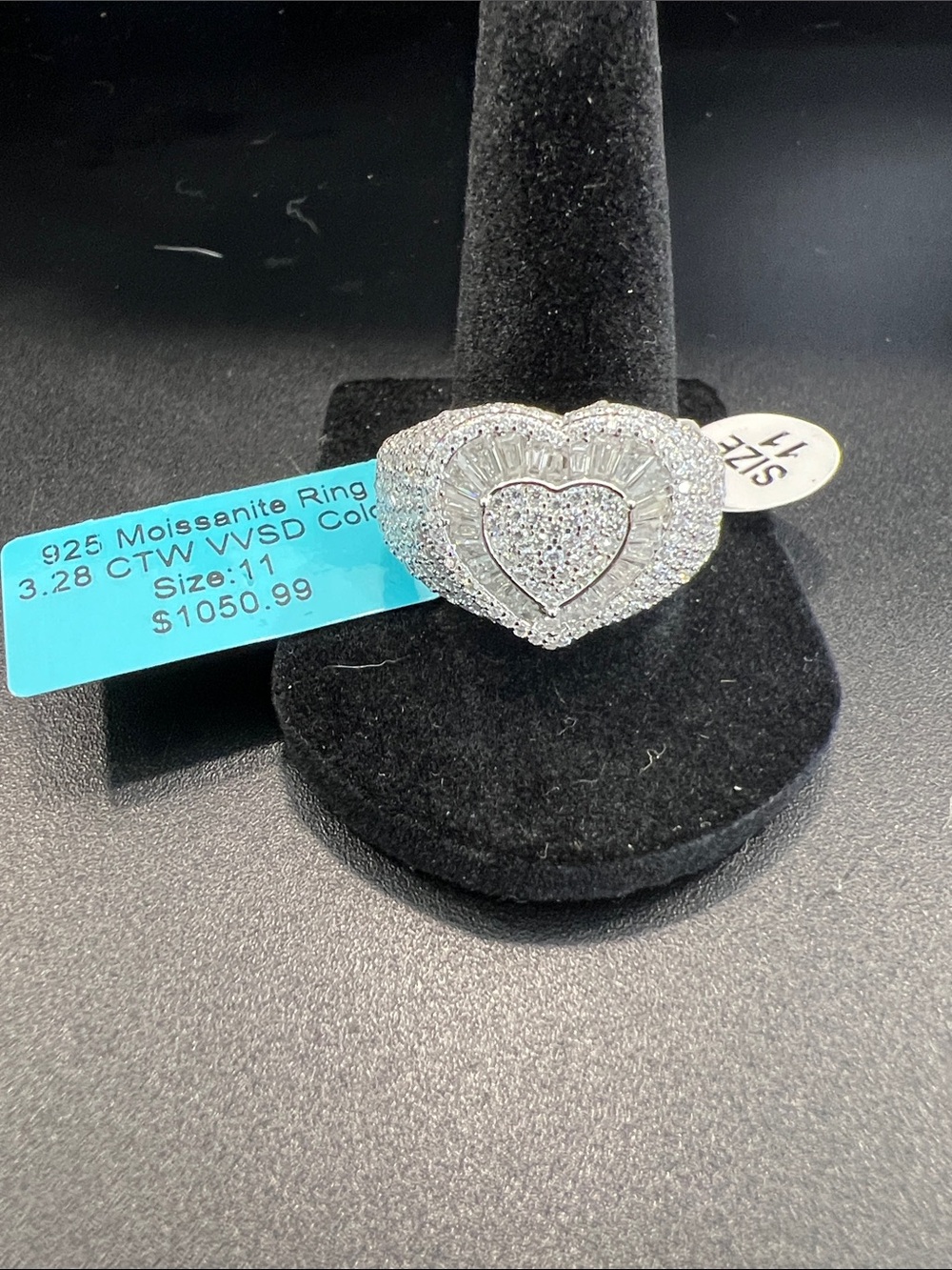 Sterling Silver Heart Cluster Ring with Clear Moissanite Accents - Size 11